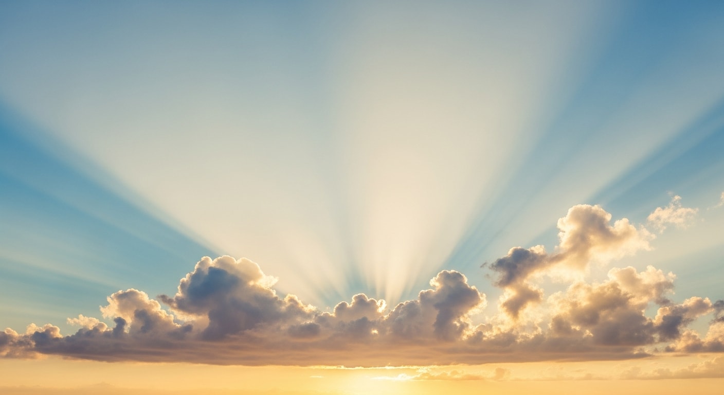 Cielo sereno con nubes suaves y rayos de luz
