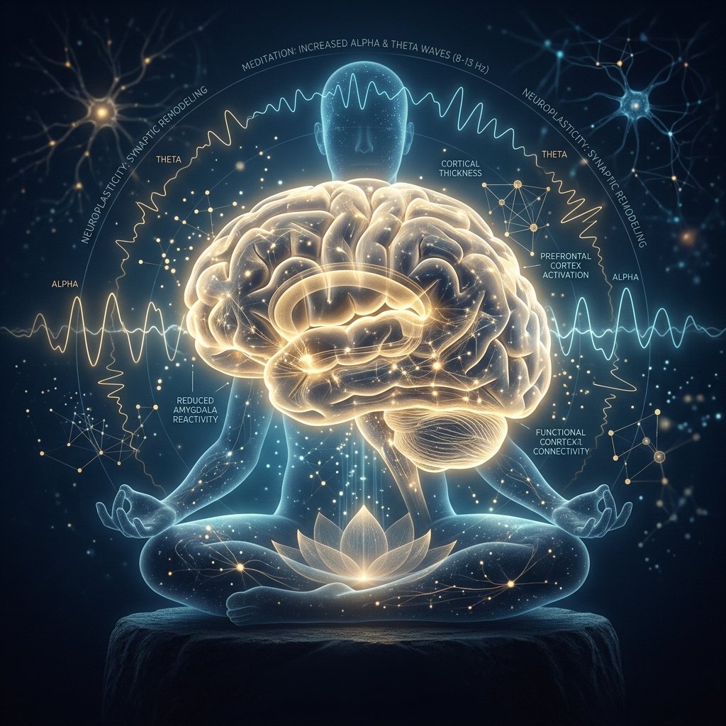 Representación científica de un cerebro humano meditando y ondas cerebrales.
