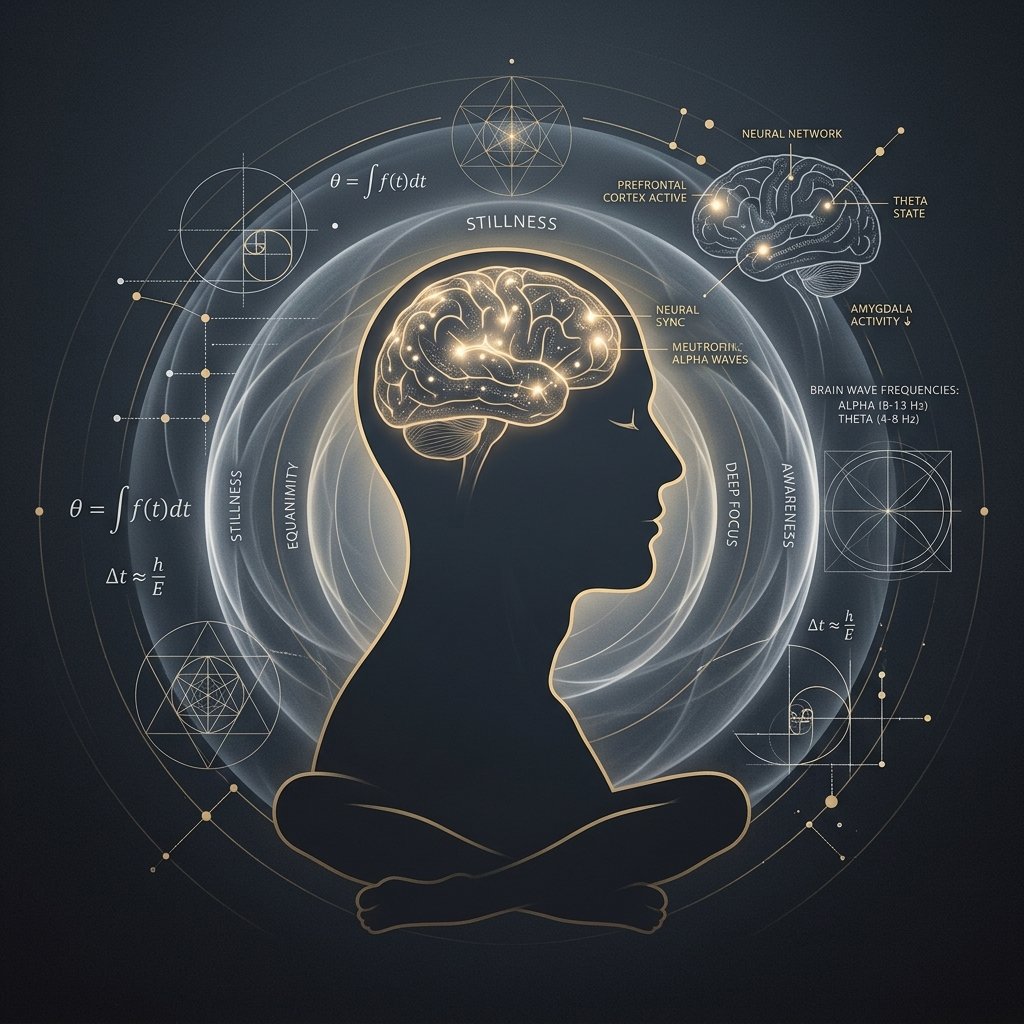 Silueta de una cabeza humana en meditación con conexiones de silencio y esquemas científicos.